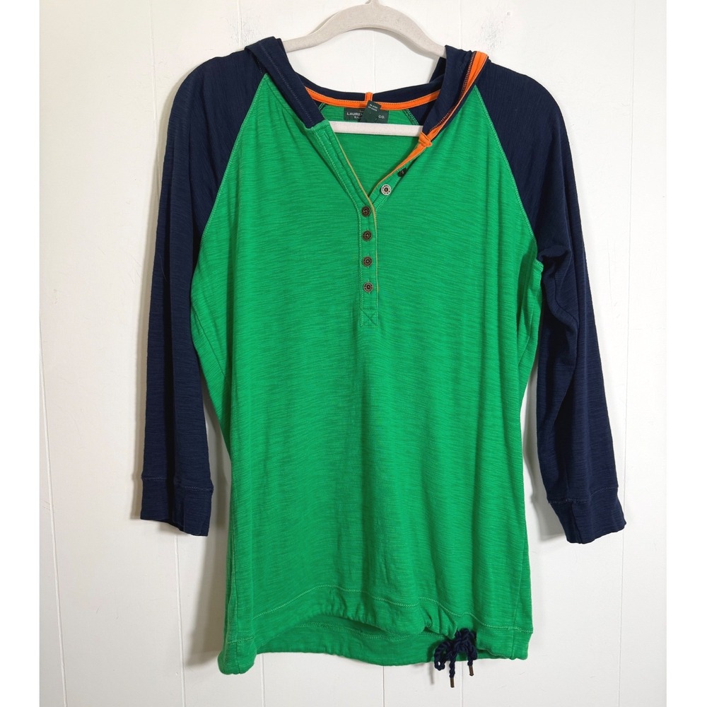 Lauren Ralph Lauren Rugby Raglan Henley Hoodie Green Navy Cotton Slub Size Large